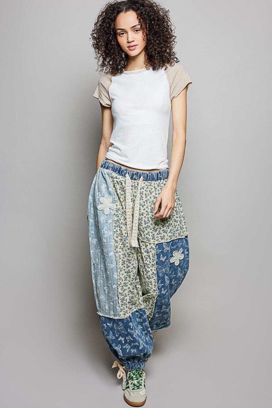1H5***POL Blue Butterfly contrast Patchwork Jogger